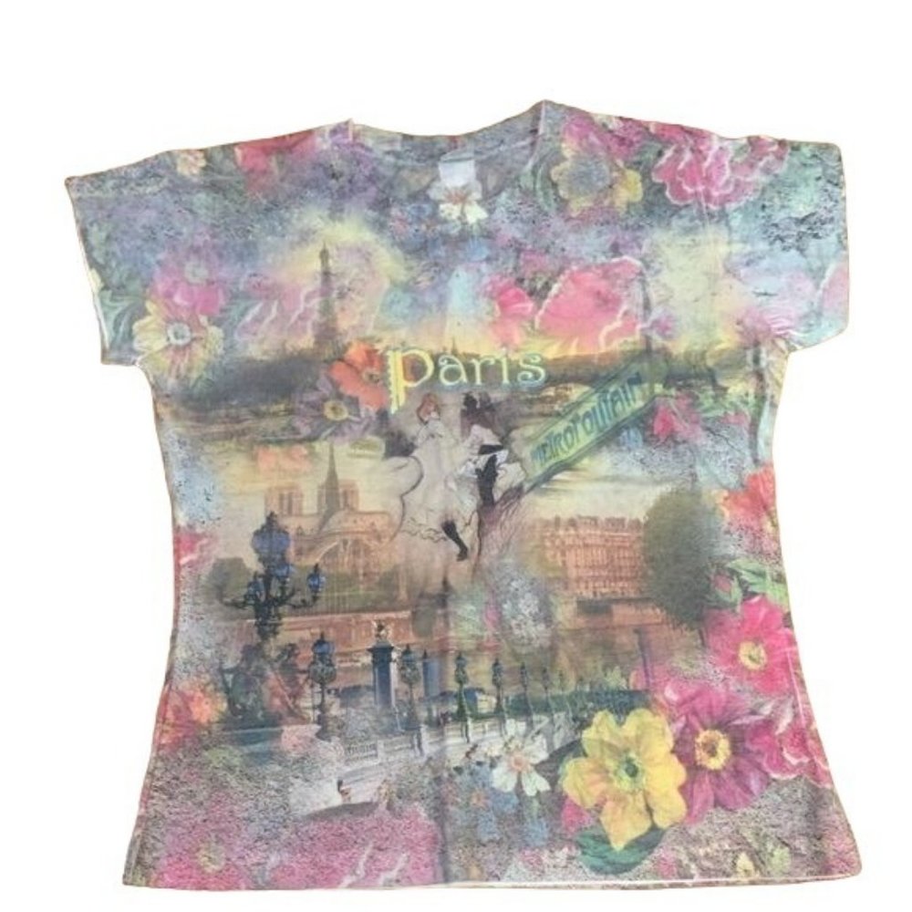Vintage Jansport Paris Print Short Sleeve TShirt Juniors Tee Shirt Top Sz Large